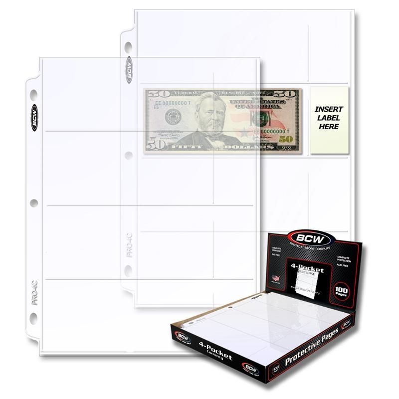 BCW Pro 4-Pocket Currency Page (100 CT. Box)