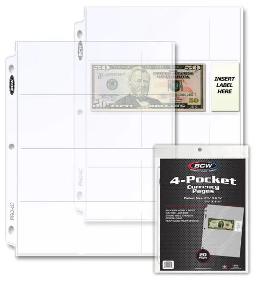 BCW Pro 4-Pocket Currency Page (20 CT. Pack)