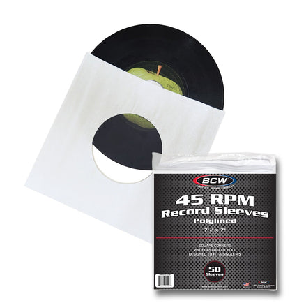 BCW Paper Record Sleeves 45 RPM - Polylined - SQ Corners - With Hole PACK